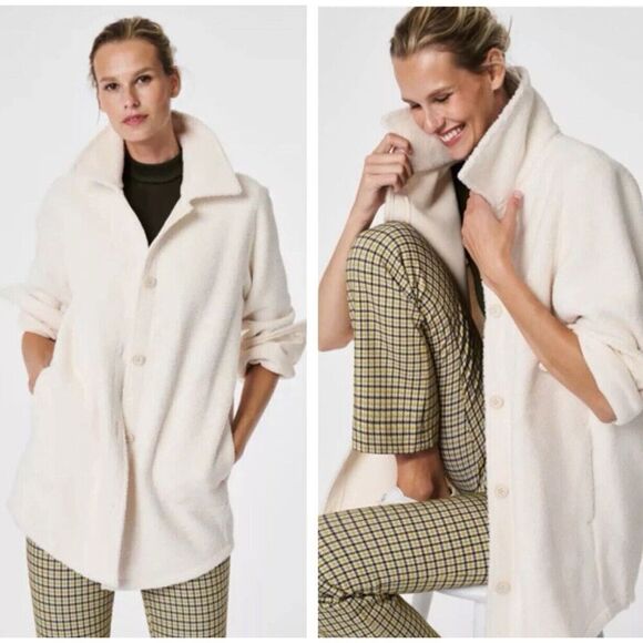 Spanx Luxe Fleece Shacket Plus Size 3X Cream Cozy Pockets Oversized Jacket - Picture 1 of 5